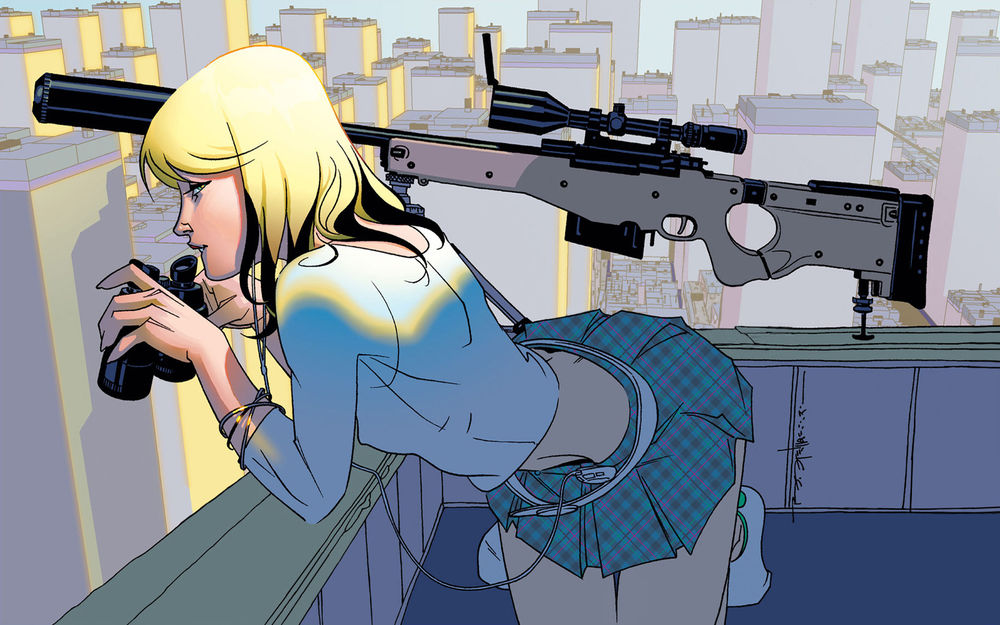 Обои для рабочего стола Блондинка с биноклем и снайперской винтовкой сидит на крыше небоскреба