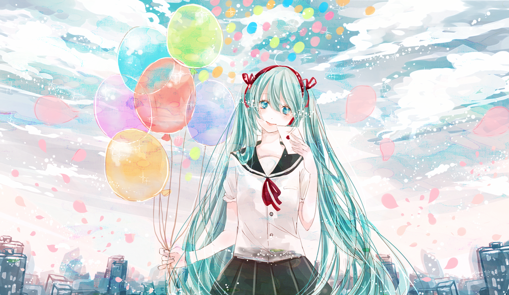 Обои для рабочего стола Vocaloid Hatsune Miku / Вокалоид Хатсунэ Мику с любовным письмом и воздушными шариками стоит на фоне облачного неба и города, by ruru (tsuitta)