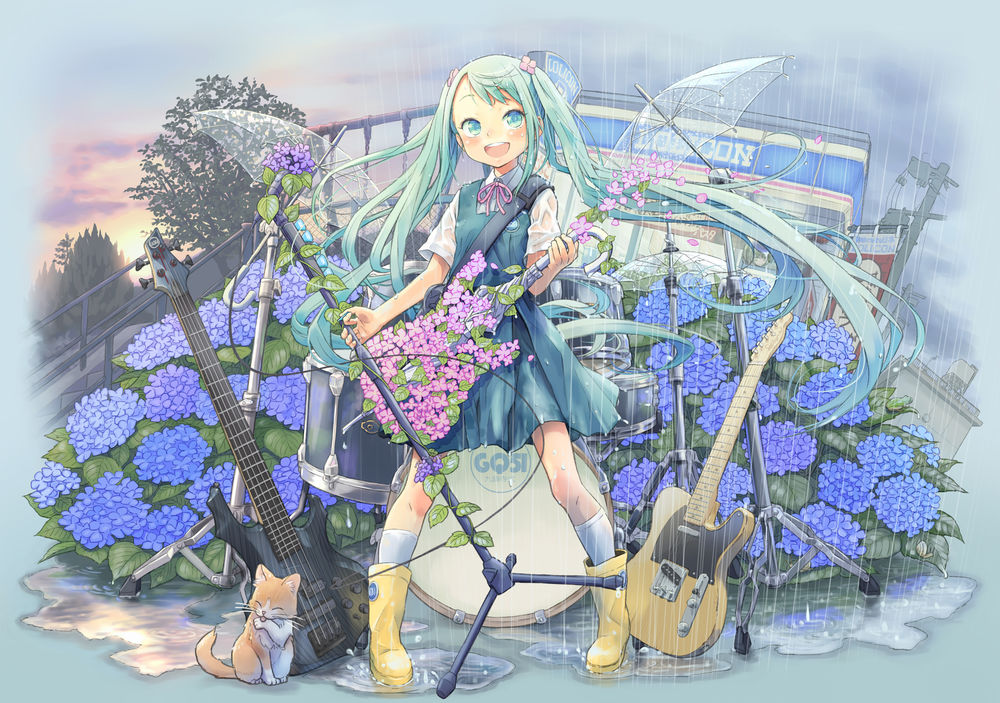 Обои для рабочего стола Vocaloid Hatsune Miku / Вокалоид Хатсуне Мику под дождем с гитарой и микрофоном поет на фоне гортензий, рядом сидит котенок art by Kuinji 51go