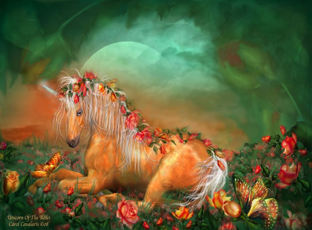 Обои для рабочего стола Мифическое животное единорог среди роз на фоне туманного неба и полной луны, by Кэрол Каваларис / Carol Cavalaris