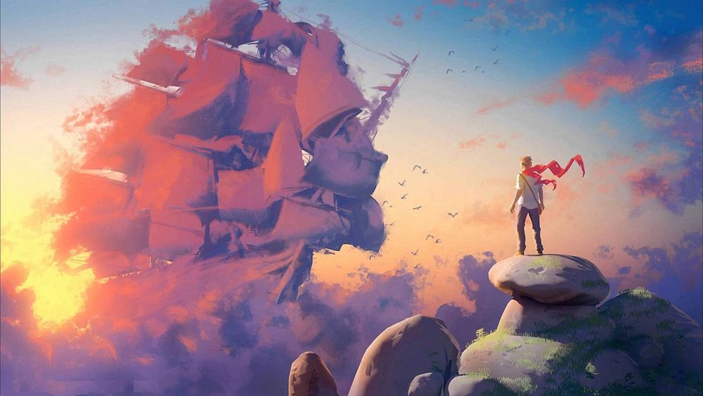 Обои для рабочего стола Мужчина с красным развевающимся шарфом на шее, стоит на горе и смотрит как навстречу ему по небу плывет облако в виде огромного парусного корабля, by Tohad