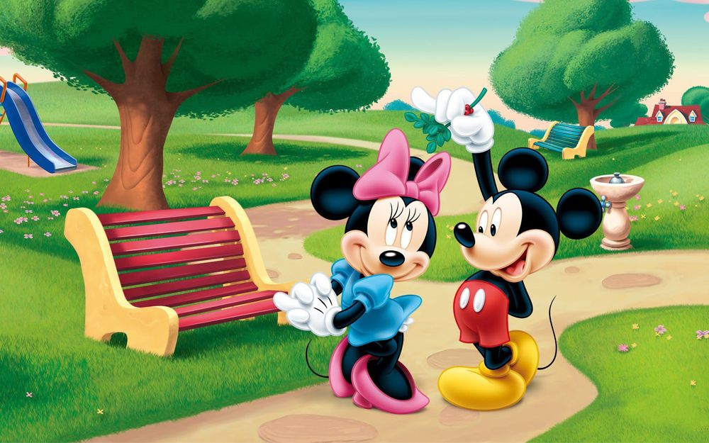 Обои для рабочего стола Микки Маус / Mickey Mouse признается в любви Минни Маус / Minnie Mouse на тропинке в парке