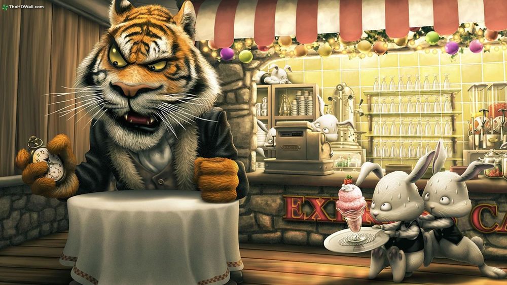 Обои для рабочего стола Тигр в кафе для кроликов