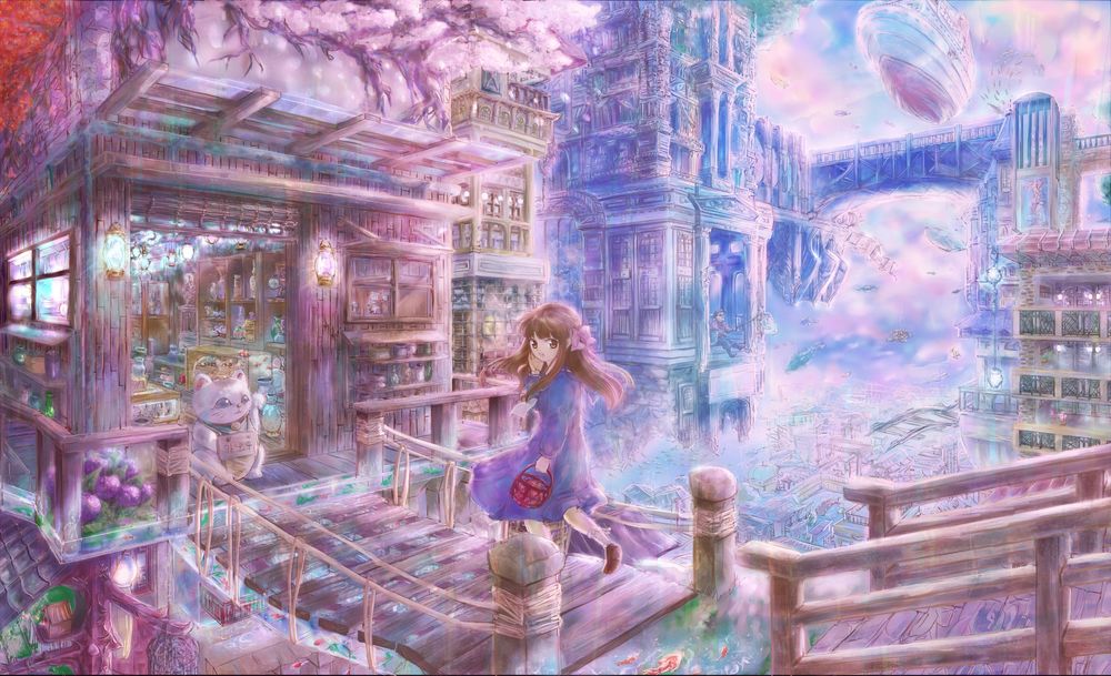 Обои для рабочего стола Девочка бежит по мостику в магазинчик, на пороге которого сидит maneki neko, art by Pikuko