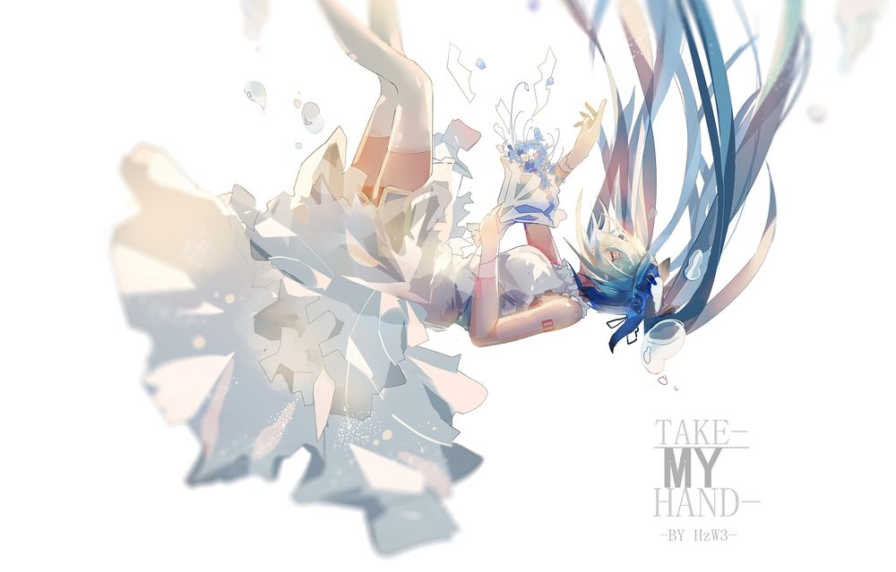 Обои для рабочего стола Vocaloid Hatsune Miku / Вокалоид Хатсуне Мику в белом платье с букетом в невесомости, take my hand, by Hz W3