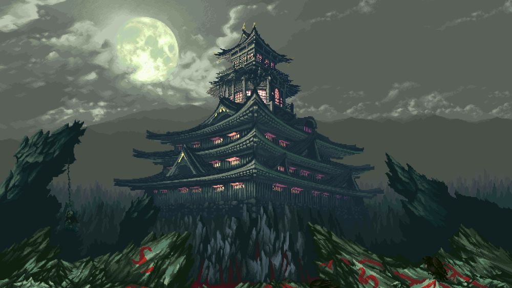 Обои на рабочий стол Японский храм среди скал на фоне ночного неба в свете  Луны, пиксельное искусство, обои для рабочего стола, скачать обои, обои  бесплатно
