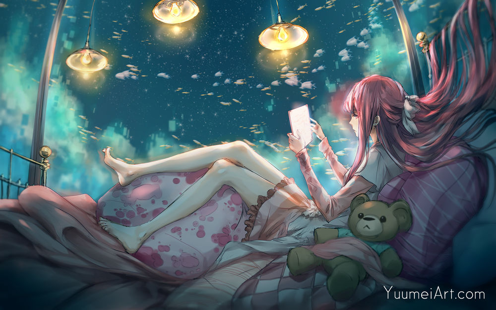Обои для рабочего стола Девушка с планшетом сидит на кровати под водой, by yuumei