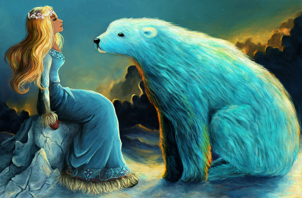 Обои для рабочего стола Белый медведь сидит перед девушкой, иллюстрация к сказке East of the Sun, West of the Moon / К востоку от Солнца, к западу от Луны, by agartaa