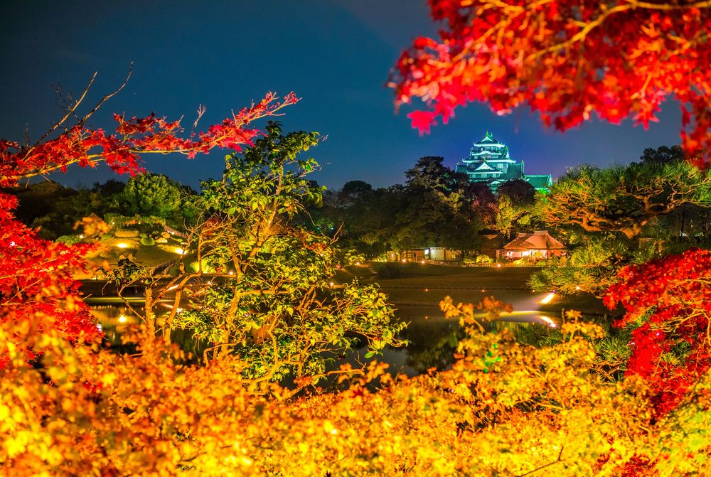 Обои для рабочего стола Himeji castle / замок Химэдзи, иначе замок Белой Цапли, Hyogo Prefecture, Japan / Япония, вечер, осень