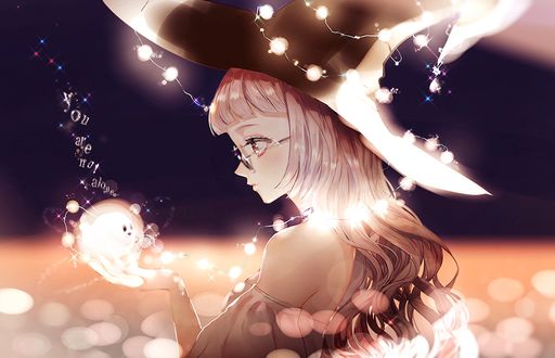 Обои на рабочий стол Marisa Kirisame / Мариса Кирисаме со светящейся сферой в руке из серии компьютерных игр Touhou Project / Проект «Восток»