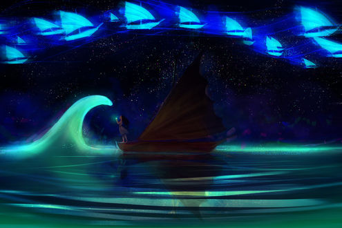 Обои на рабочий стол Девушка Moana стоит на кораблике, by anndr