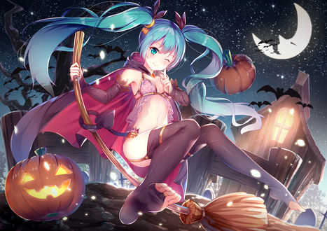 Обои на рабочий стол Vocaloid Hatsune Miku / Вокалоид Хацунэ Мику в костюме ведьмы летит на метле возле кладбища в ночь на Хэллоуин / Halloween, by Yan (nicknikg)