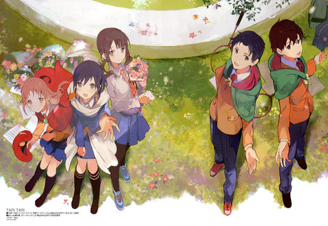 Обои на рабочий стол Sawa Okita, Atsuhiko Maeda, Konatsu Miyamoto, Taichi Tanaka и Wakana Sakai из аниме Tari Tari / И то и другое, art by Tanu