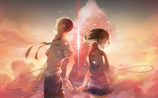 Обои на рабочий стол Taki Tachibana / Тачибана Таки и Miyamizu Mitsuha / Миямизу Митсуха, связанные красной нитью, из аниме Kimi no Na wa / Твое имя, art by Makoto Shinkai