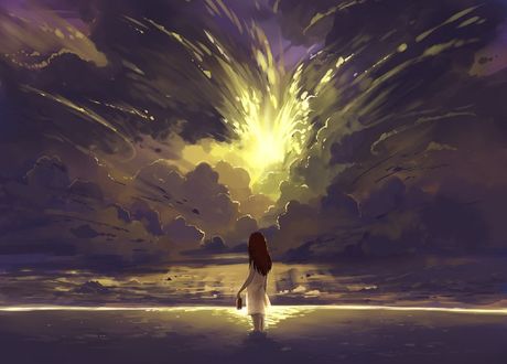 Обои на рабочий стол Девушка стоит в воде на фоне облачного неба, by ombobon