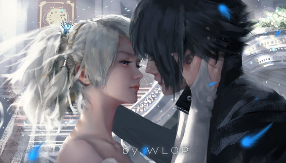 Обои на рабочий стол Лунафрейя / Lunafreya и Ноктис / Noctis из игры и фильма Final Fantasy XV / Последняя фантазия XV собираются поцеловаться, by wlop
