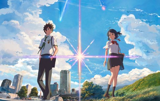 Обои на рабочий стол Tachibana Taki / Таки Татибана и Miyamizu Mitsuha / Мицуха Миямидзу персонажи из аниме Kimi no Na wa / Your Name / Твое имя, by Shinkai Makoto