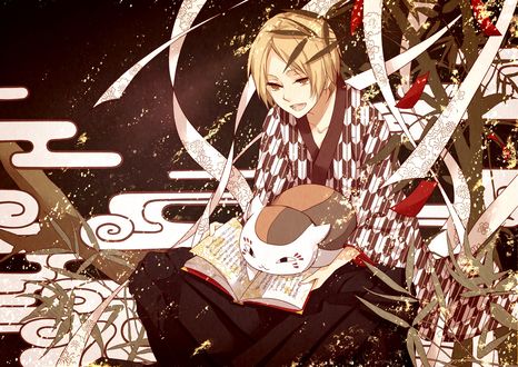 Обои на рабочий стол Takashi Natsume / Такаши Нацумэ и Nyanko-sensei / Нянко-сенсей сидят и читают тетрадь из аниме Natsune Yuujinchou / Тетрадь друзей Нацумэ, art by Yuki Midorikawa