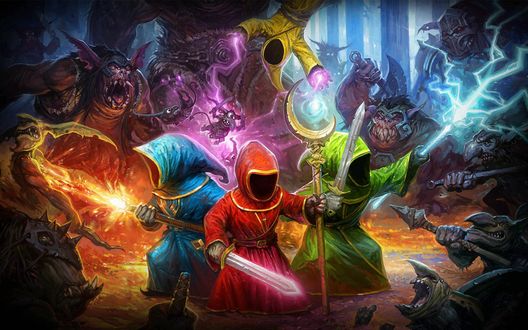 Обои на рабочий стол Фрагмент видеоигры Magicka, четверо магов из духовного ордена сражаются против злого волшебника Гримнира и его созданий