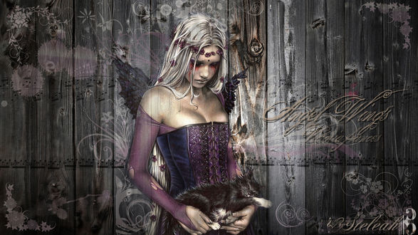 Обои на рабочий стол Девушка ангел с котиком. Victoria Frances art
