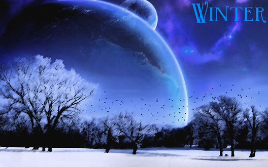 Обои на рабочий стол Зимний фэнтези-пейзаж в фиолетовых тонах (Winter)