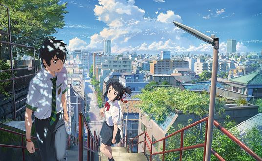 Обои на рабочий стол Tachibana Taki / Таки Татибана и Miyamizu Mitsuha / Мицуха Миямидзу встретились на лестнице городской улочки, персонажи из аниме Kimi no Na wa / Your Name / Твое имя, by Shinkai Makoto»