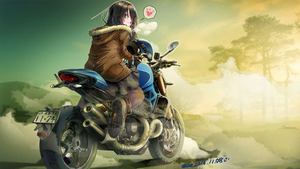 Обои на рабочий стол Девушка сидит на мотоцикле Ducati держа шлем в руках, art by azitama atsushi (attyuu)
