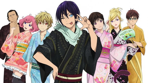 Обои на рабочий стол Дайкоку / Daikoku, Кофуку / Kofuku, Юкинэ / Yukine, Ято / Yato, Ики Хиери / Hiyori Iki, Бисямон / Bishamon, Кадзума / Kazuma, герои аниме и манги Бездомный бог / Noragami в праздничных кимоно (Delivey god)
