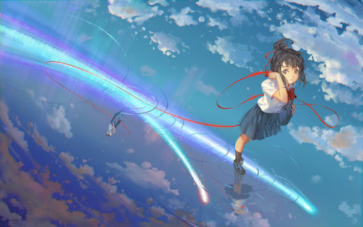 Обои на рабочий стол Мицуха Миямизу / Miyamizu Mitsuha и Таки Татибана / Tachibana Taki из аниме Твое имя / Your Name. / Kimi no Na wa, by RA