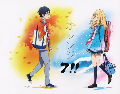 Обои на рабочий стол Косэй Арима / Kousei Arima и Каори Миязоно / Kaori Miyazono идут на встречу друг другу, из аниме Твоя апрельская ложь / Shigatsu wa Kimi no Uso, art by Aya Takano