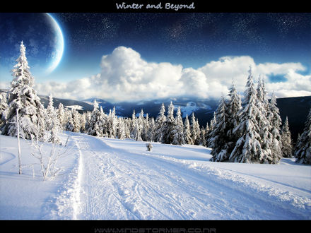 Обои на рабочий стол Суперлуние над заснеженными деревьями и горами (Winter and Beyond)