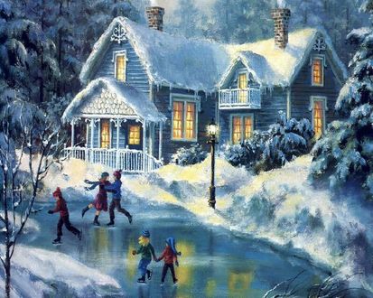 Обои на рабочий стол Дети катаются на льду возле дома зимой, художник Thomas Kinkade / Томас Кинкейд