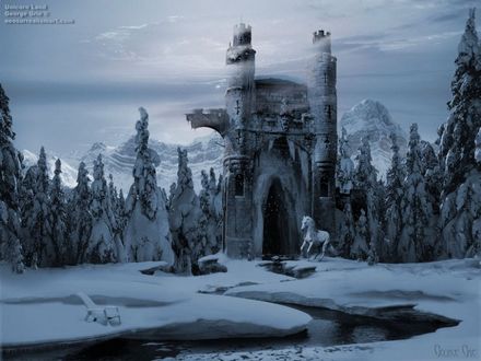 Обои на рабочий стол Конь на фоне развалин замка и елок в горах, by George Grie