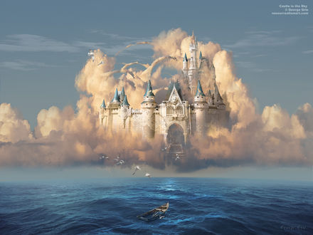 Обои на рабочий стол Замок-призрак в облаках посреди моря и пустая лодка, by George Grie