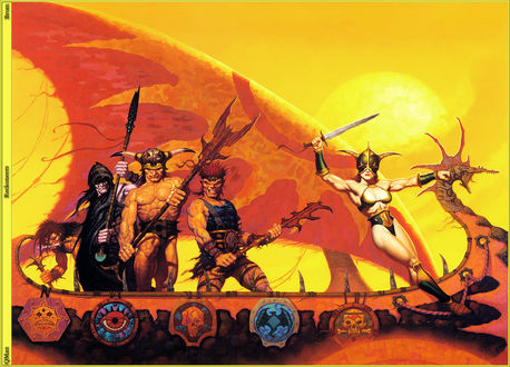 Обои на рабочий стол Фэнтезийные воины в ладье под солнцем, by Gerald Brom