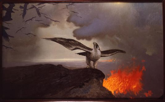 Обои на рабочий стол Сокол на скале на фоне пожара, by Константин Васильев