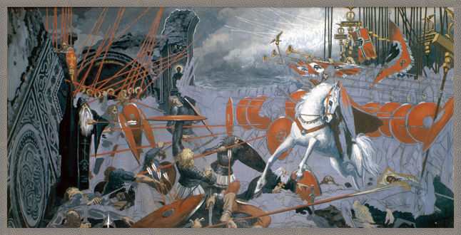 Обои на рабочий стол Белый конь и сражение воинов возле развалин, by Константин Васильев