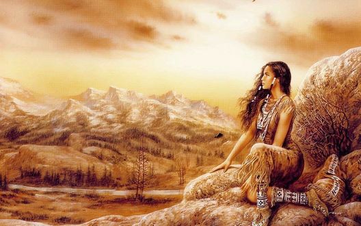 Обои на рабочий стол Девушка на камнях на фоне гор by Luis Royo
