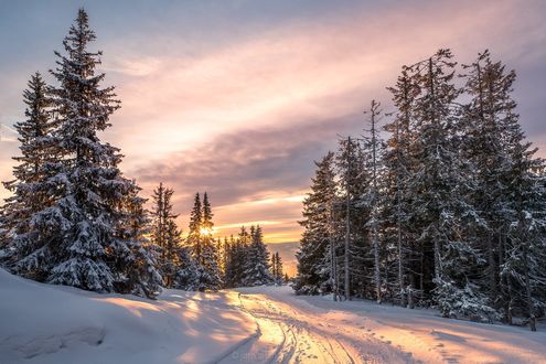 Обои на рабочий стол Зимняя панорама на закате, фотограф Jоrn Allan Pedersen