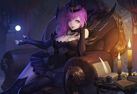 Обои на рабочий стол Luxanna Crownguard / Люксанна Краунгард сидит в кресле, персонаж из игры League of Legends / Лига легенд, by daye bie qia lian