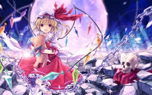 Обои на рабочий стол Flandre Scarlet / Фландре Скарлет с плюшевым медвежонком в руках, персонаж из серии компьютерных игр Touhou Project / «Проект «Восток»», art by kiyu