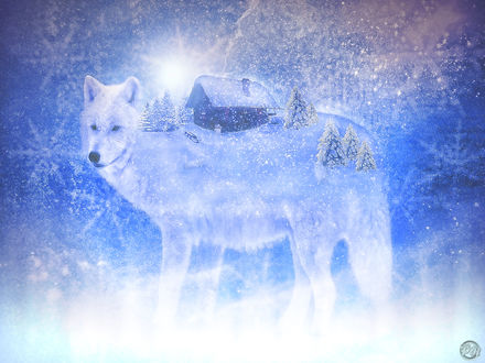 Обои на рабочий стол Белый волк с домиками и деревьями на спине под падающим снегом, by Renata-s-art