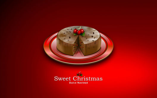 Обои на рабочий стол Шоколадный торт с вишней на тарелке (Sweet Christmas, Dulce Navidad)