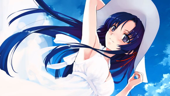 Обои на рабочий стол Саеко Кога / Koga Sayoko из визуальной новеллы Suiheisen made Nan Mile? Deep Blue Sky & Pure White Wings в летнем платье и шляпке на фоне синего неба, автор Misaki Kurehito