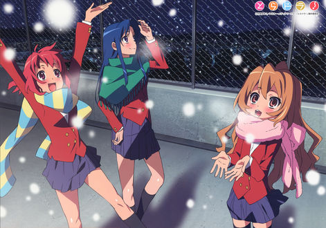 Обои на рабочий стол Айсака Тайга / Aisaka Taiga, Ami Kawashima и Minori Kushieda / Минори Кушиеда радуются первому снегу из аниме ТораДора / ToraDora, art Yasu