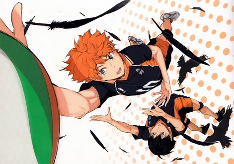 Обои на рабочий стол Shouyou Hinata / Шое Хината забивает мяч с подачи Kageyama Tobio / Кагеяма Тобио, из аниме Haikyuu! / Волейбол, art by Haruichi Furudate