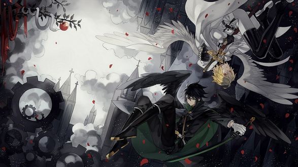 Обои на рабочий стол Michaela Hyakuya / Микаэла Хакуя и Yuuichirou Hyakuya / Юичиро Хакуя с крыльями на фоне серого города из аниме Owari no Seraph / Последний Серафим, art by Yamato Yamamoto