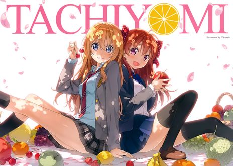 Обои на рабочий стол Kaori Miyazono / Каори Миязоно из аниме Shigatsu wa Kimi no Uso / Твоя апрельская ложь и Чие Сакура / Chiyo Sakura из аниме Ежемесячное седзе Нозаки-куна / Gekkan Shoujo Nozaki-kun сидят среди фруктов и ягод из аниме Shigatsu wa Kimi no Uso / Твоя апрельская ложь, by Kantoku