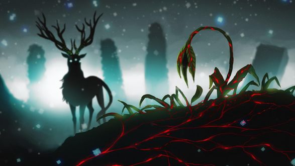 Обои на рабочий стол Рождественский олень на фоне фантастичных растений