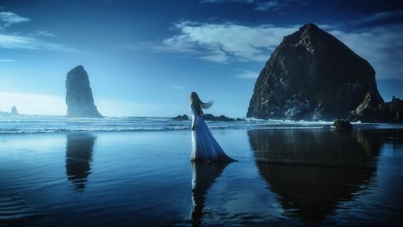 Обои на рабочий стол Девушка в длинном платье стоит на воде, фотограф TJ Drysdale
